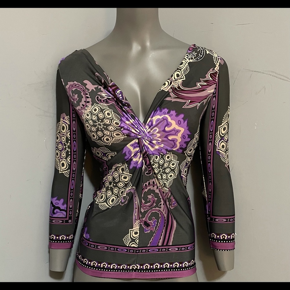 LIKE NEW EUC KOPA PLUNGING TWIST NECKLINE STRETCHY COLOURFUL PAISLEY TOP Sz M